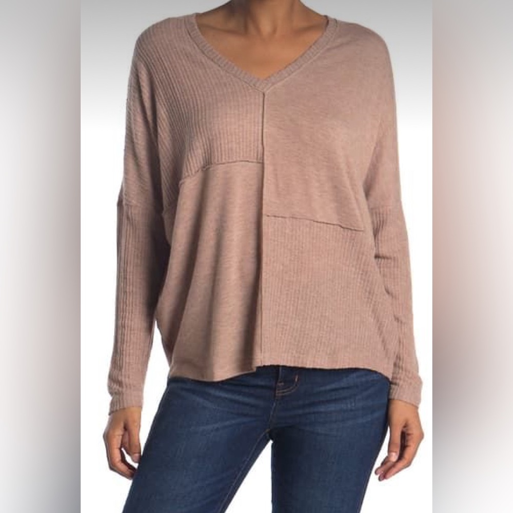 NWOT H by Bordeaux Mixed Knit Ribbed Long Dolman Sleeve Pullover - Tan - L